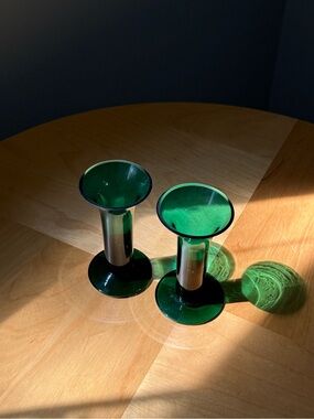 Set of 2 Vintage Blenko Glass Vases Candle Holder Teal Blue Green Turquoise MCM